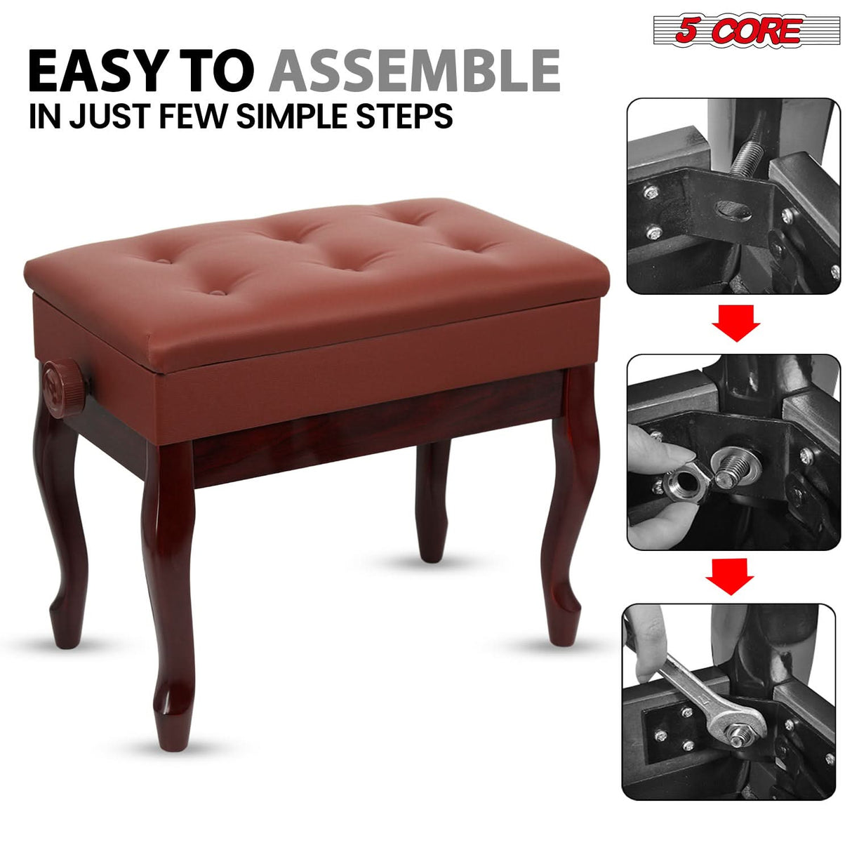 5 Core Piano Bench 3" Padded Cushioned Stool Wooden Heavy Duty Adjustable Musician Chair w Storage