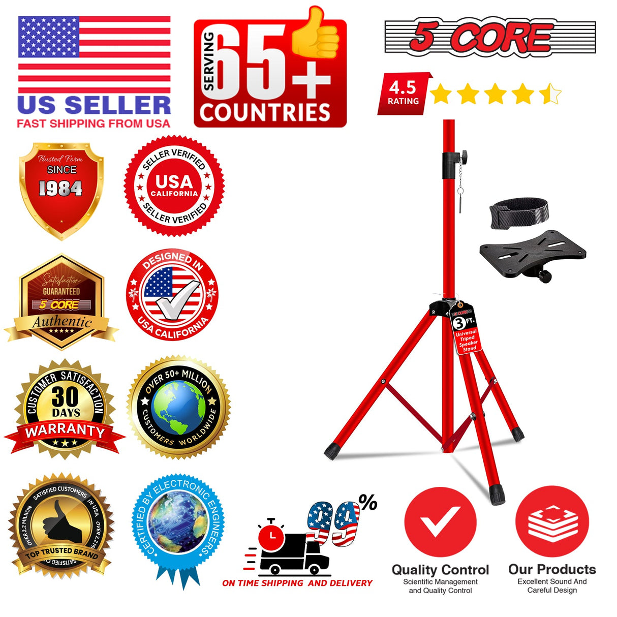 5 Core Speaker Stand 2Pc Adjustable 31 to 36" PA DJ Tripod Stands Heavy Duty w 35mm Pole 132Lb w Bag