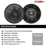 5 Core Car Subwoofer 2Pc 300W 12" Deep Bass Replacement Speaker 4Ohm 40 - 3.5 KHz Component Sub Woofer