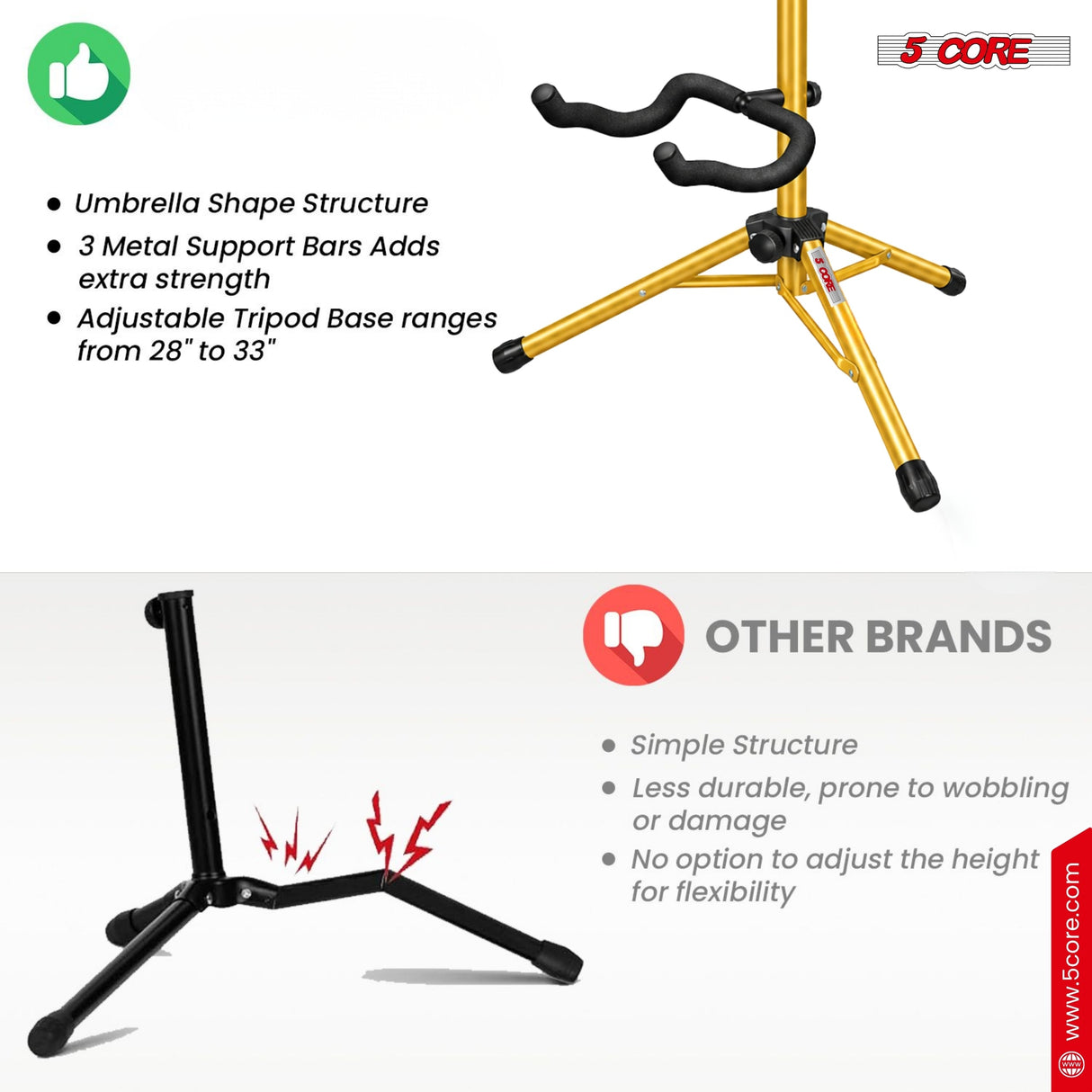 5 Core Guitar Stand Floor Adjustable Heavy Duty w Neck Holder for Acoustic Electric Classic Bass