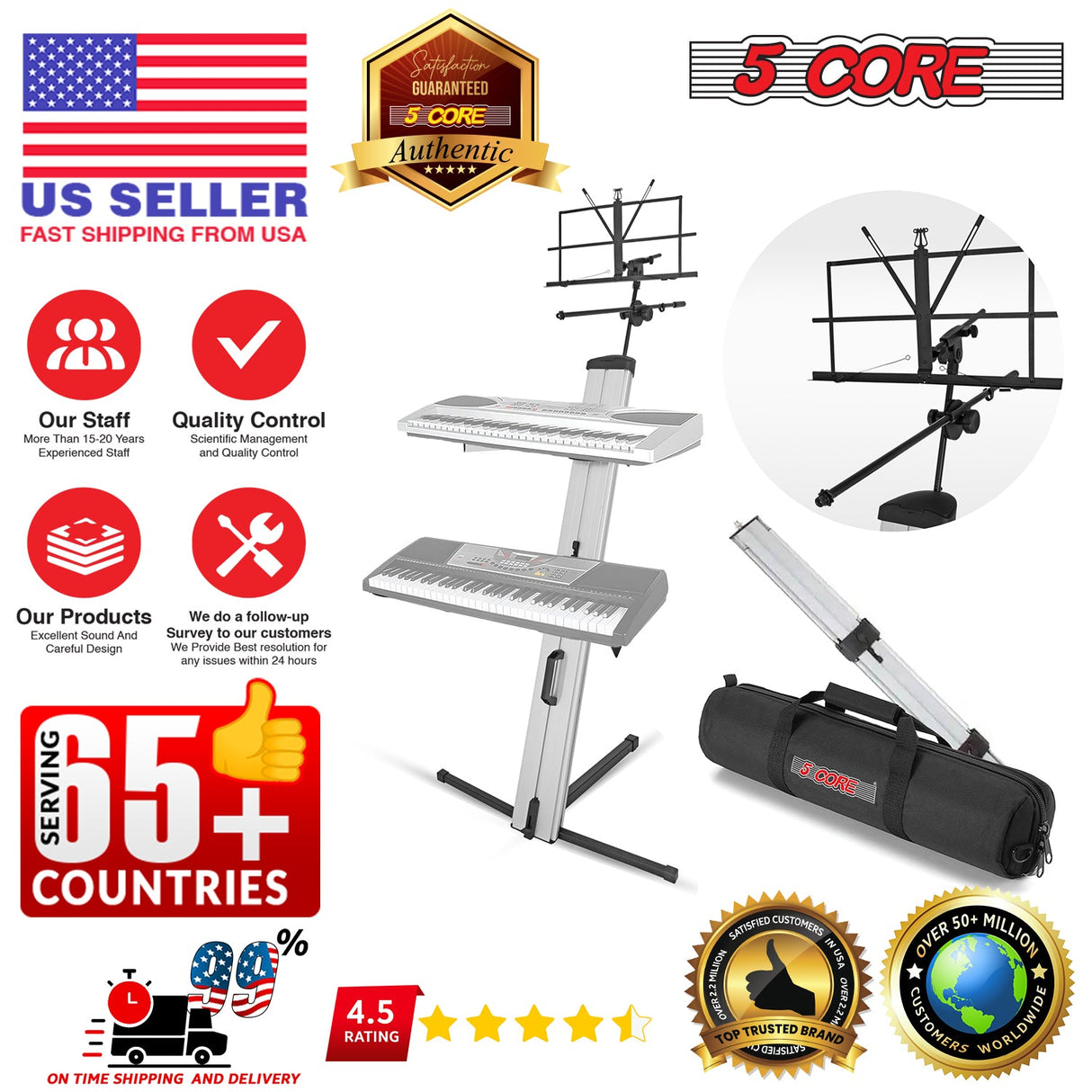 5Core Keyboard Stand 2 Tier Classic Adjustable Electric Piano Sturdy Holder SILVER