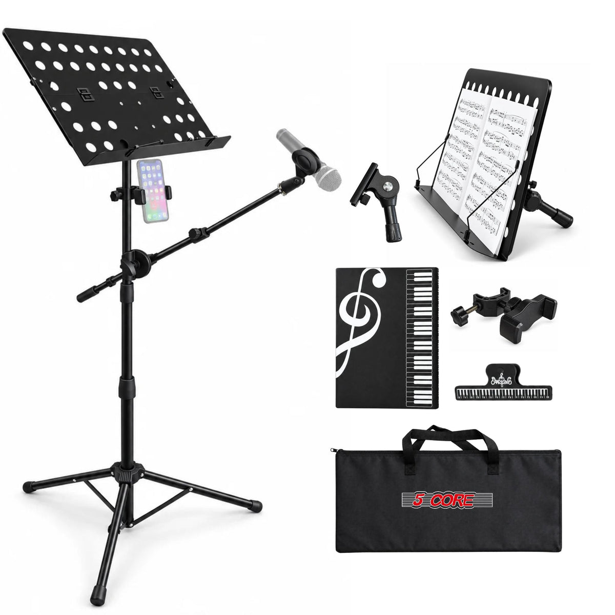 5Core Music Stand Height Adjustable Desktop Book Stands w Mic Mobile Holder