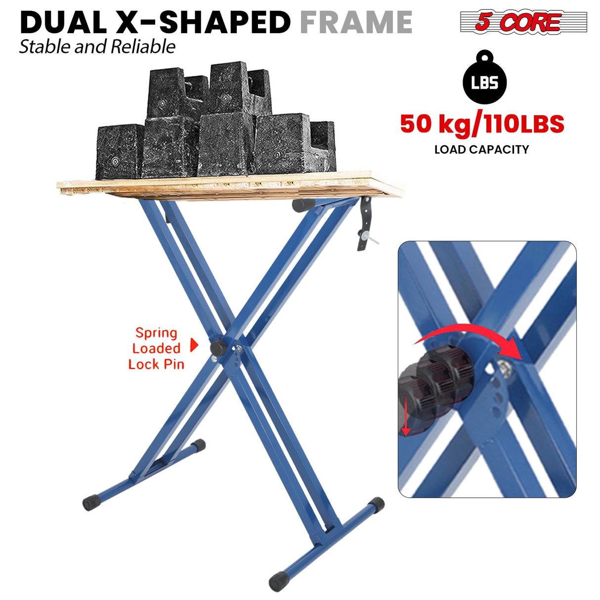 5Core Keyboard Stand Double X Style Adjustable Lift Piano Riser For 49 To 88 Keys BLUE