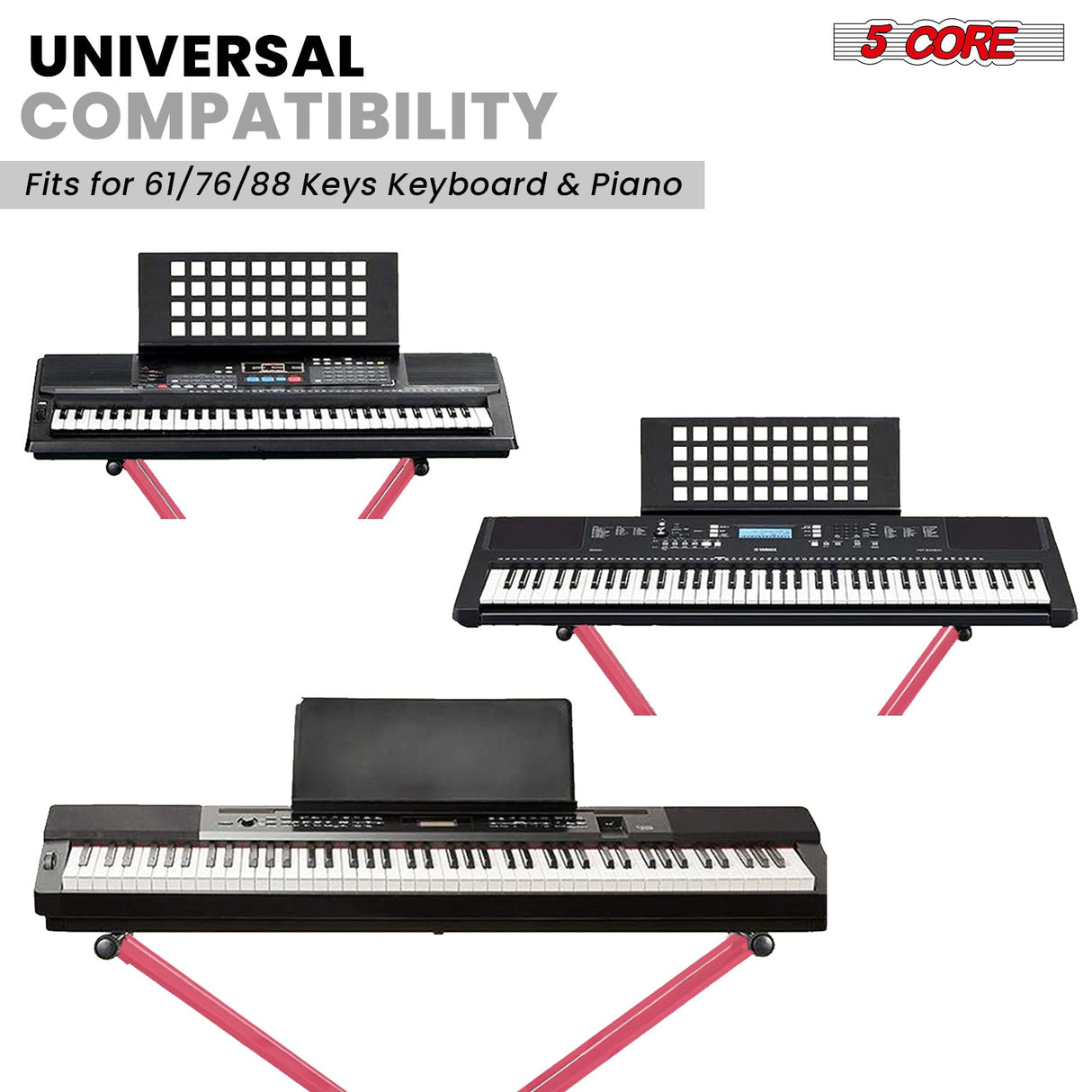 5Core Keyboard Stand Double X Style Adjustable Lift Piano Riser For 49 To 88 Keys BABY PINK