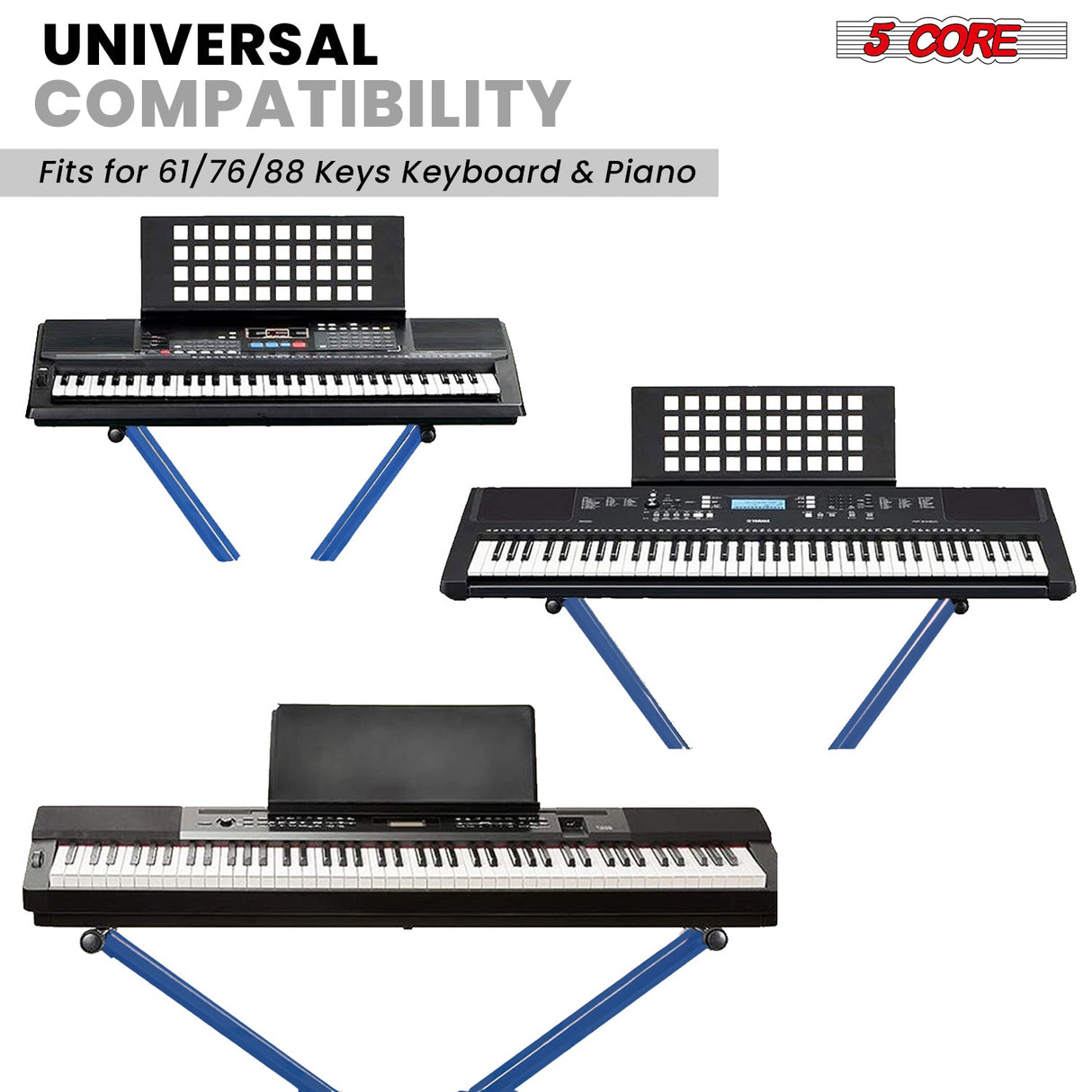 5Core Keyboard Stand Double X Style Adjustable Lift Piano Riser For 49 To 88 Keys BLUE