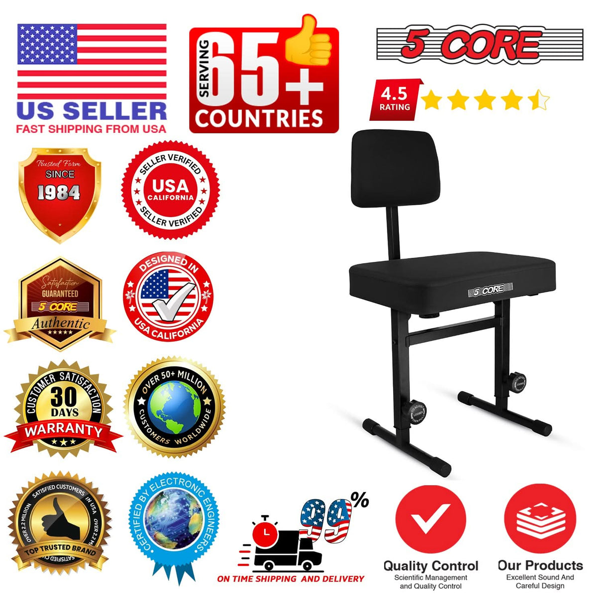 5 Core Piano Bench 3" Padded Cushioned Stool w Backrest Heavy Duty Musician Chair Height Adjustable