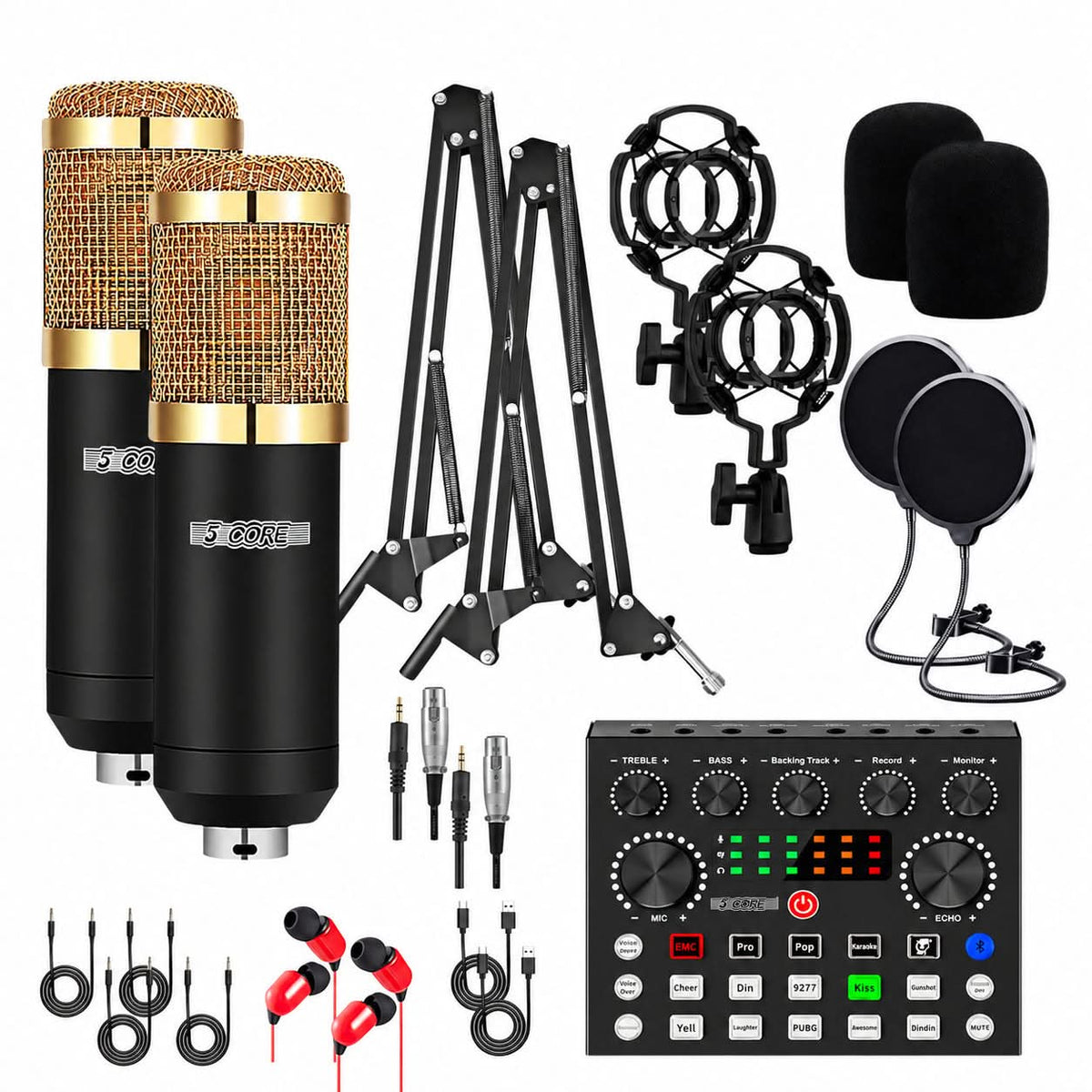 5 Core Podcast Equipment Bundle w Condenser Mic Voice Changer Audio Mixer