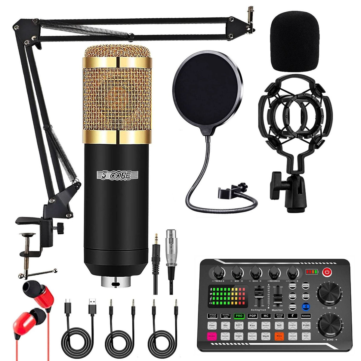 5 Core Podcast Equipment Bundle w Condenser Mic Voice Changer Audio Mixer