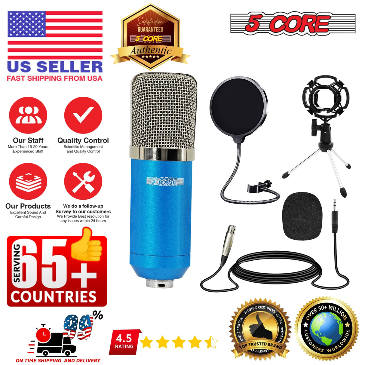 5Core Recording Microphone Podcast Bundle Professional Condenser Cardioid Mic Kit w Desk Stand BLUE