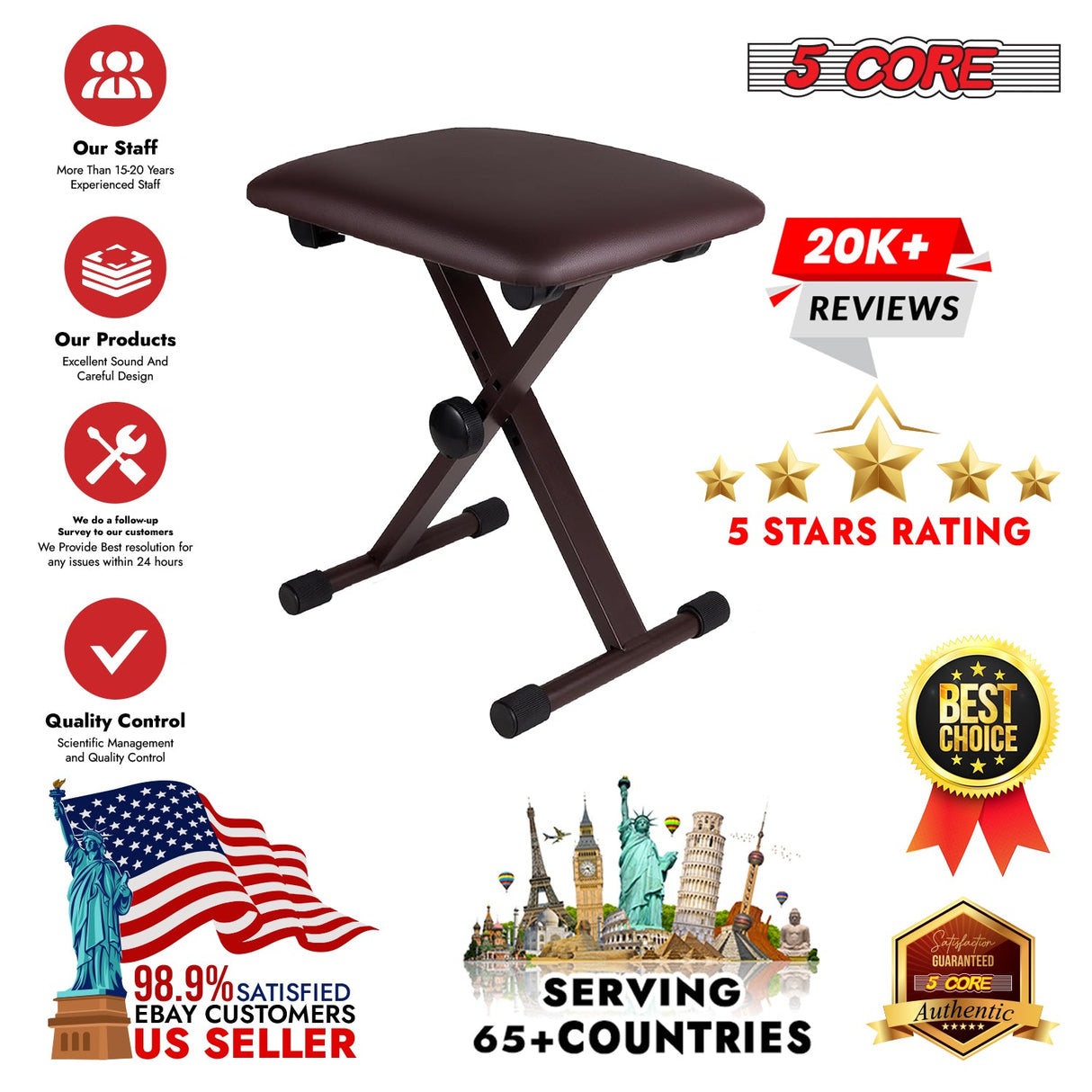 5 Core Keyboard Bench X Style Piano Stool Padded Adjustable Keyboards Chair