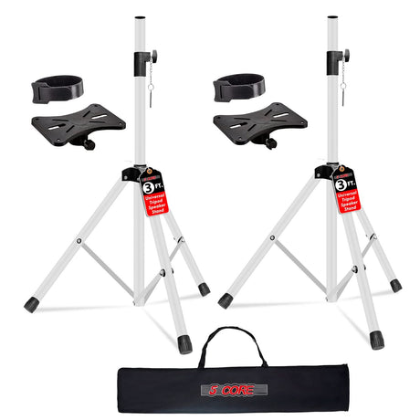 Two white tripod stands with black footpads