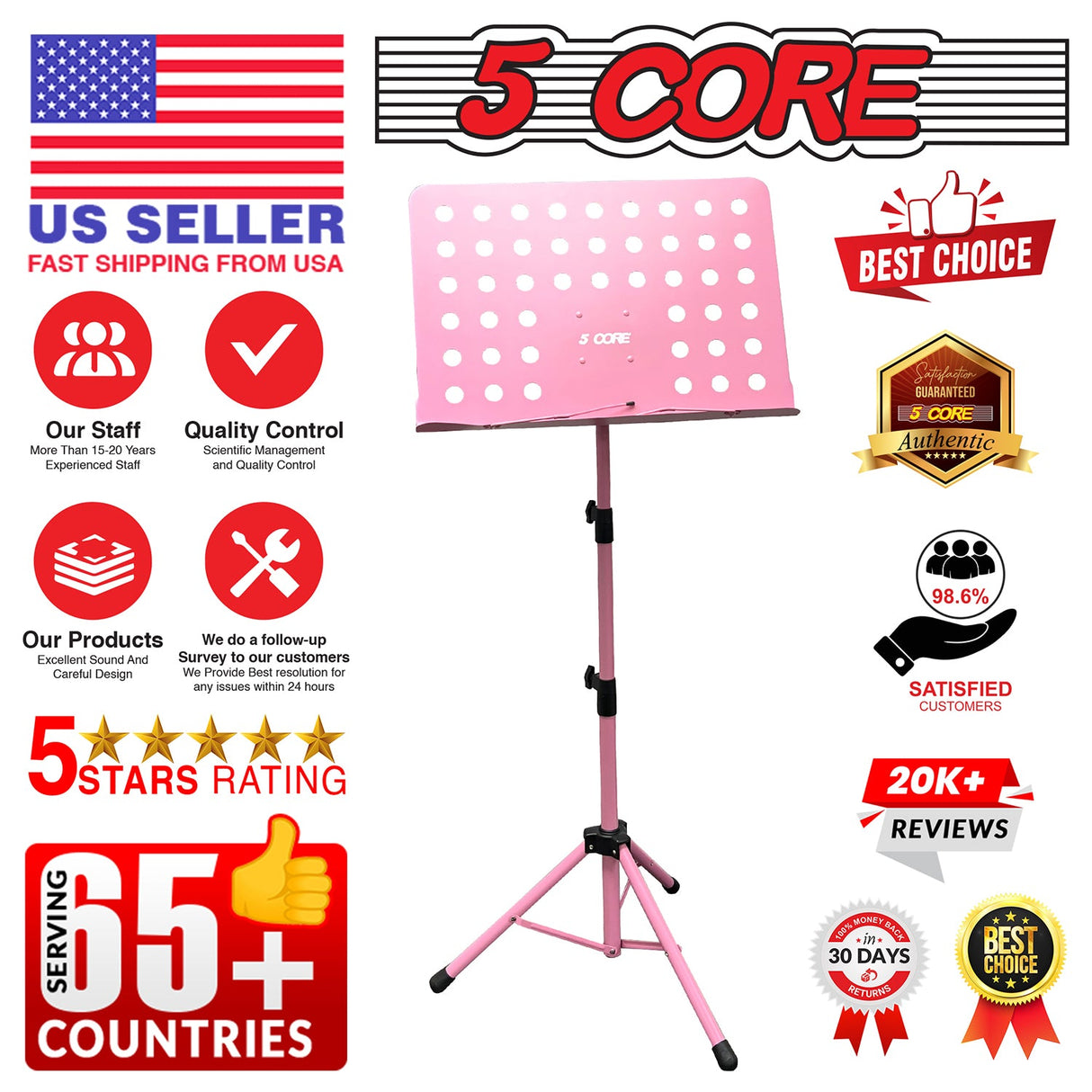 5Core Music Stand For Sheet Music Portable Tripod Adjustable Folding Note Holder PINK