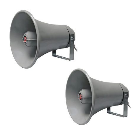 Two gray megaphones 
