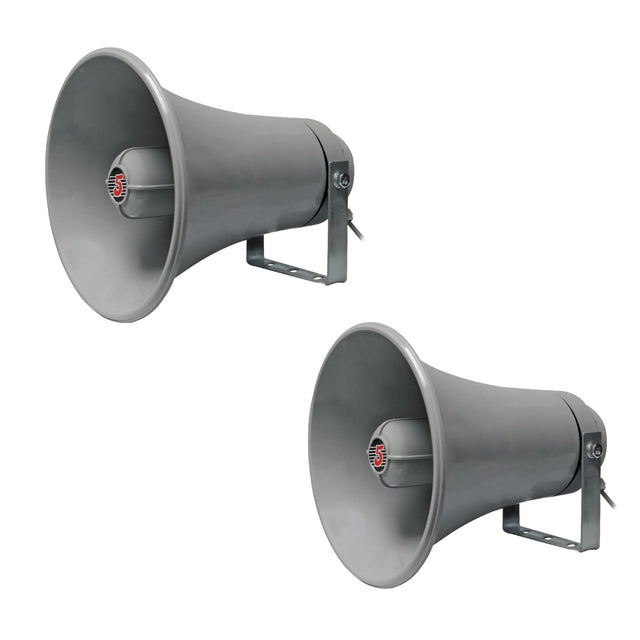 Two gray megaphones 