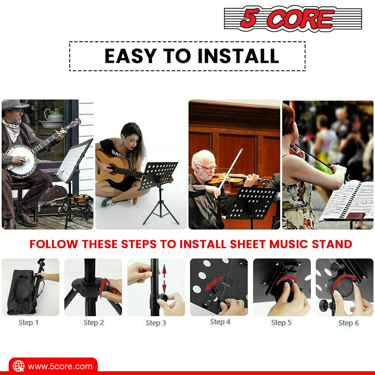 5Core Music Stand For Sheet Music Portable Tripod Adjustable Folding Note Holder PINK