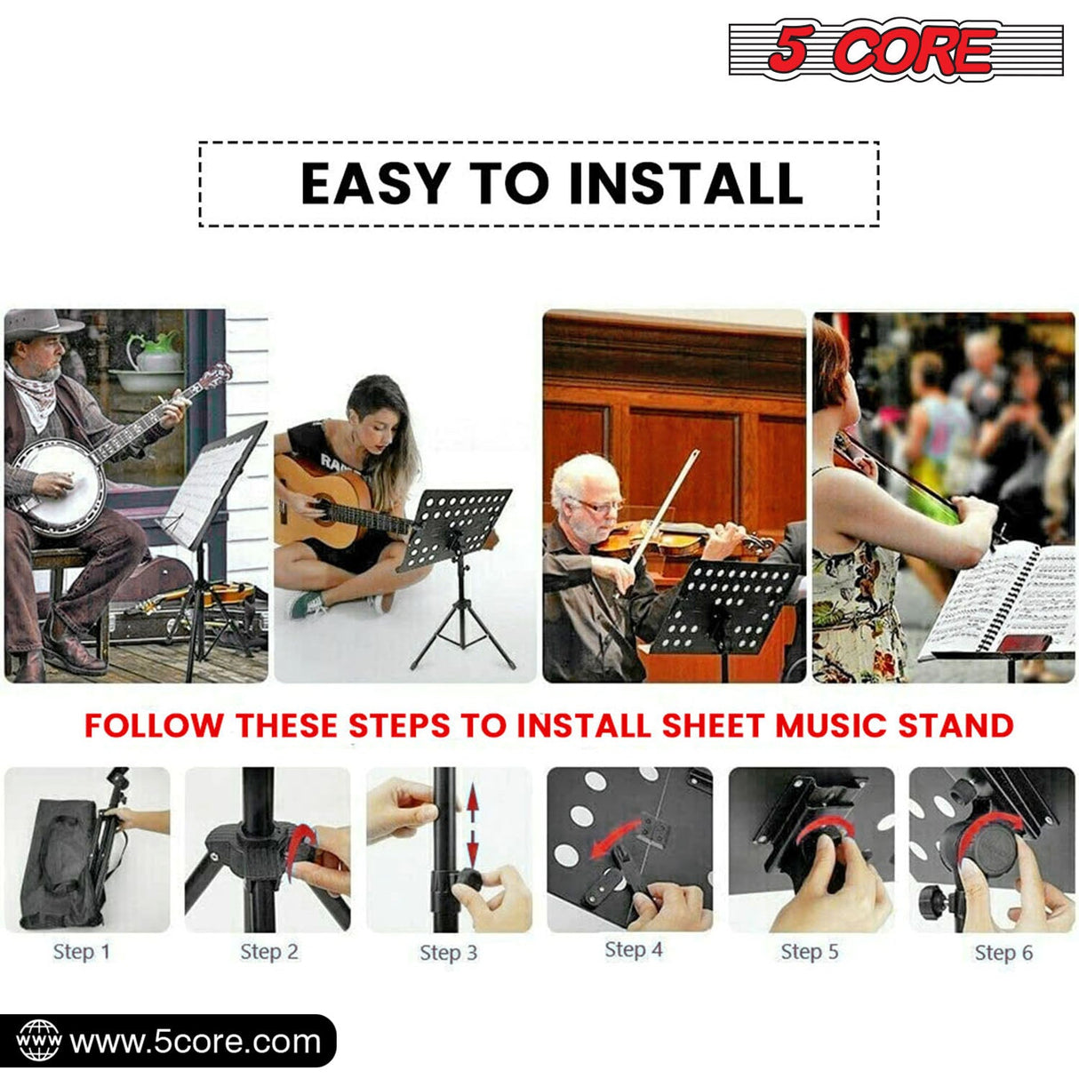 5Core Music Stand For Sheet Music Portable Tripod Adjustable Folding Note Holder