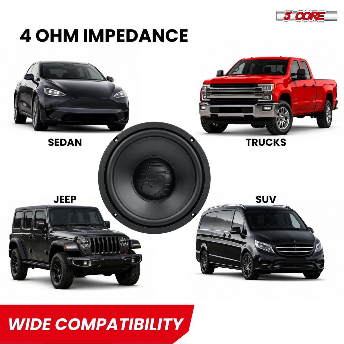 5 Core 10" Car Subwoofer Replacement Speaker Deep Bass Woofer Driver for Car Aud