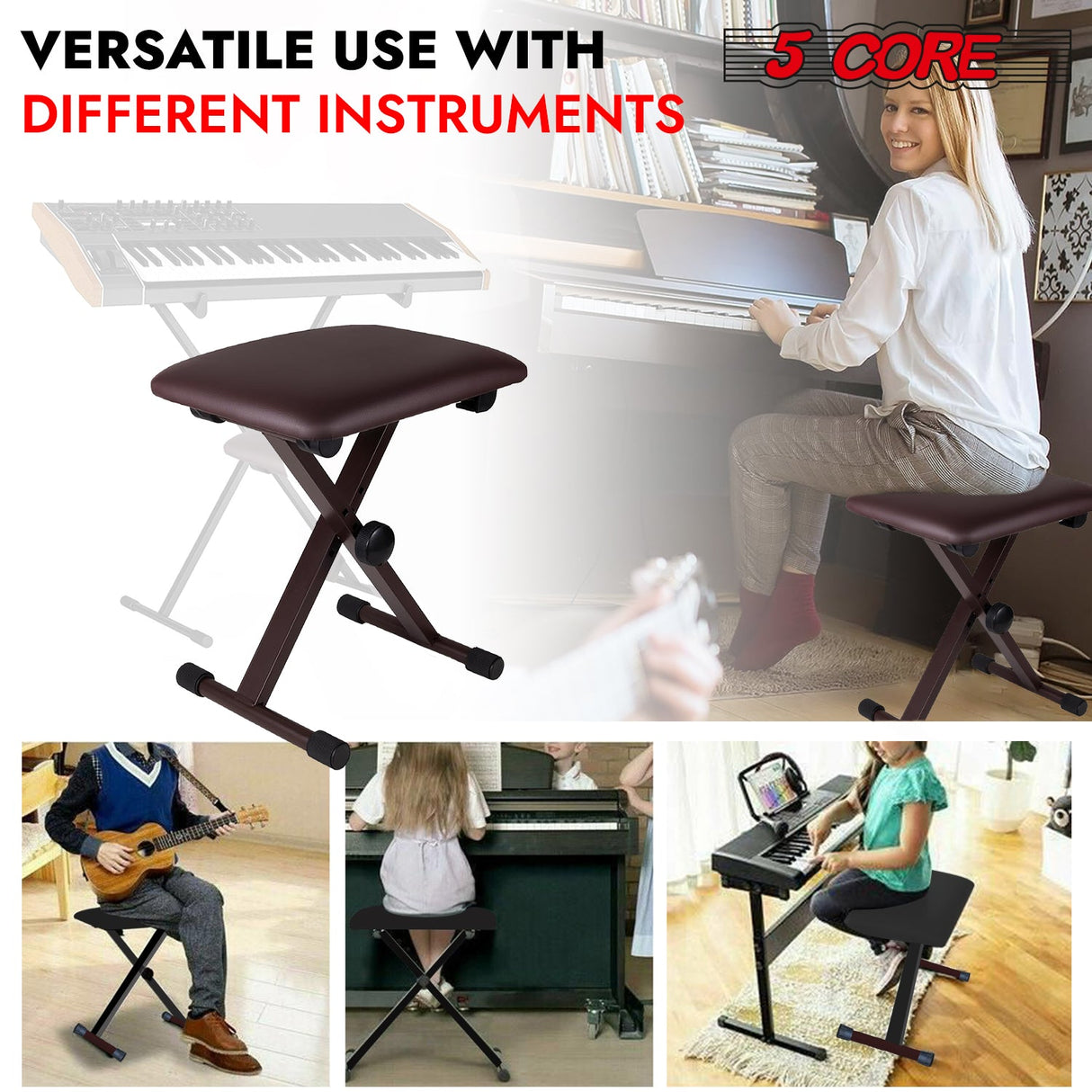 5 Core Keyboard Bench X Style Piano Stool Padded Adjustable Keyboards Chair