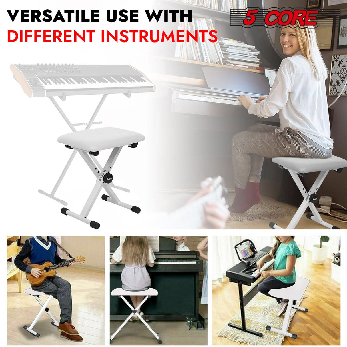 5 Core Keyboard Bench 2" Padded Cushioned Piano Stool Height Adjustable Guitar Seat Folding Portable