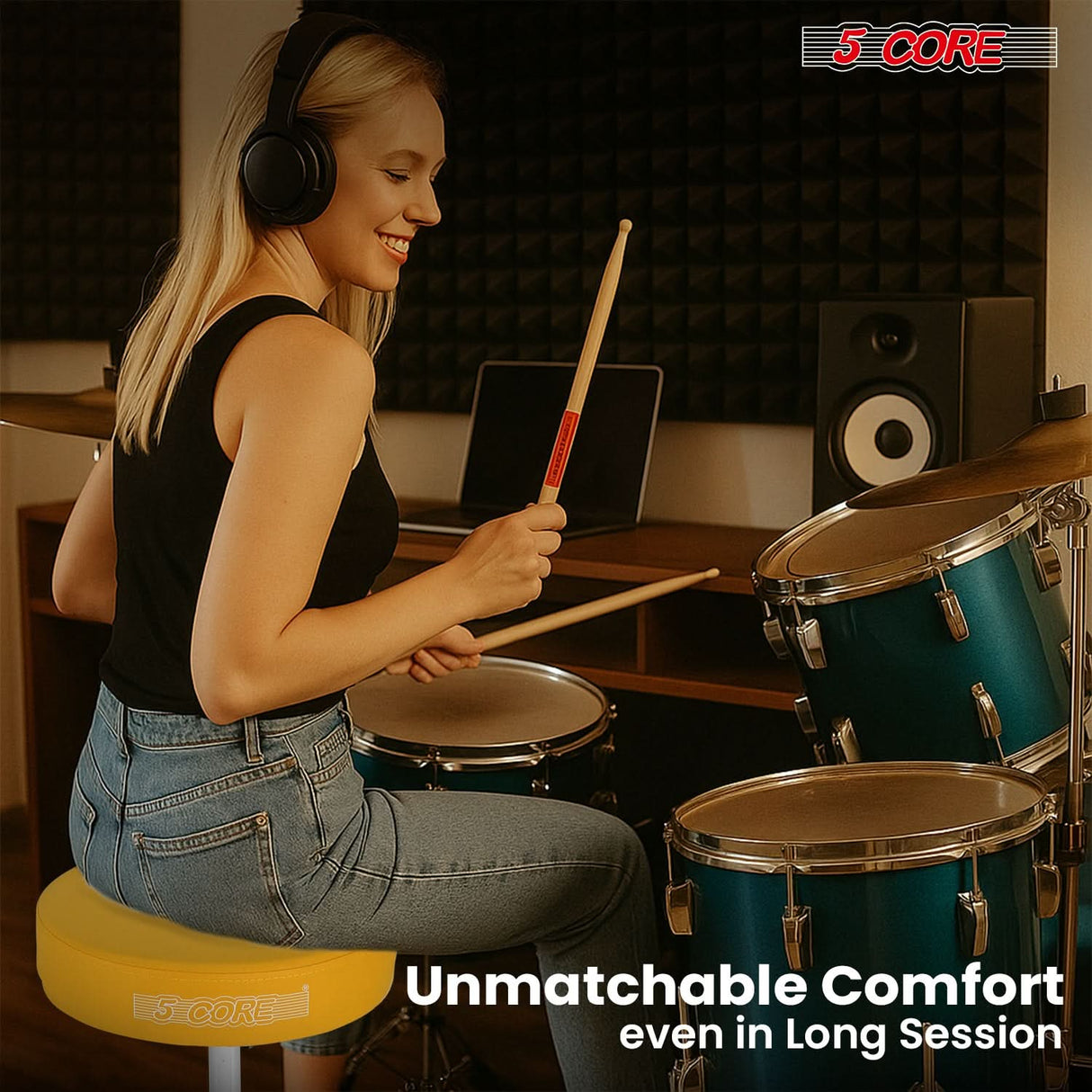 5 Core Drum Throne 3" Thick Padded Comfortable Guitar Stool Drummer Chair Adjustable Musician Seat