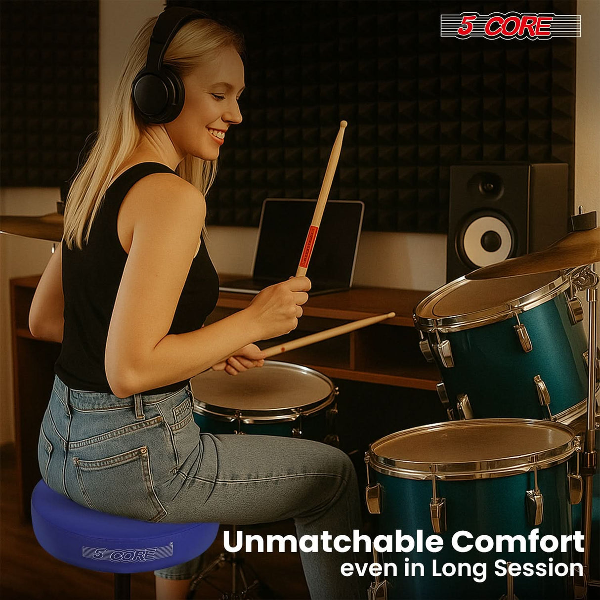 5 Core Drum Throne 3" Thick Padded Comfortable Guitar Stool Drummer Chair Adjustable Musician Seat