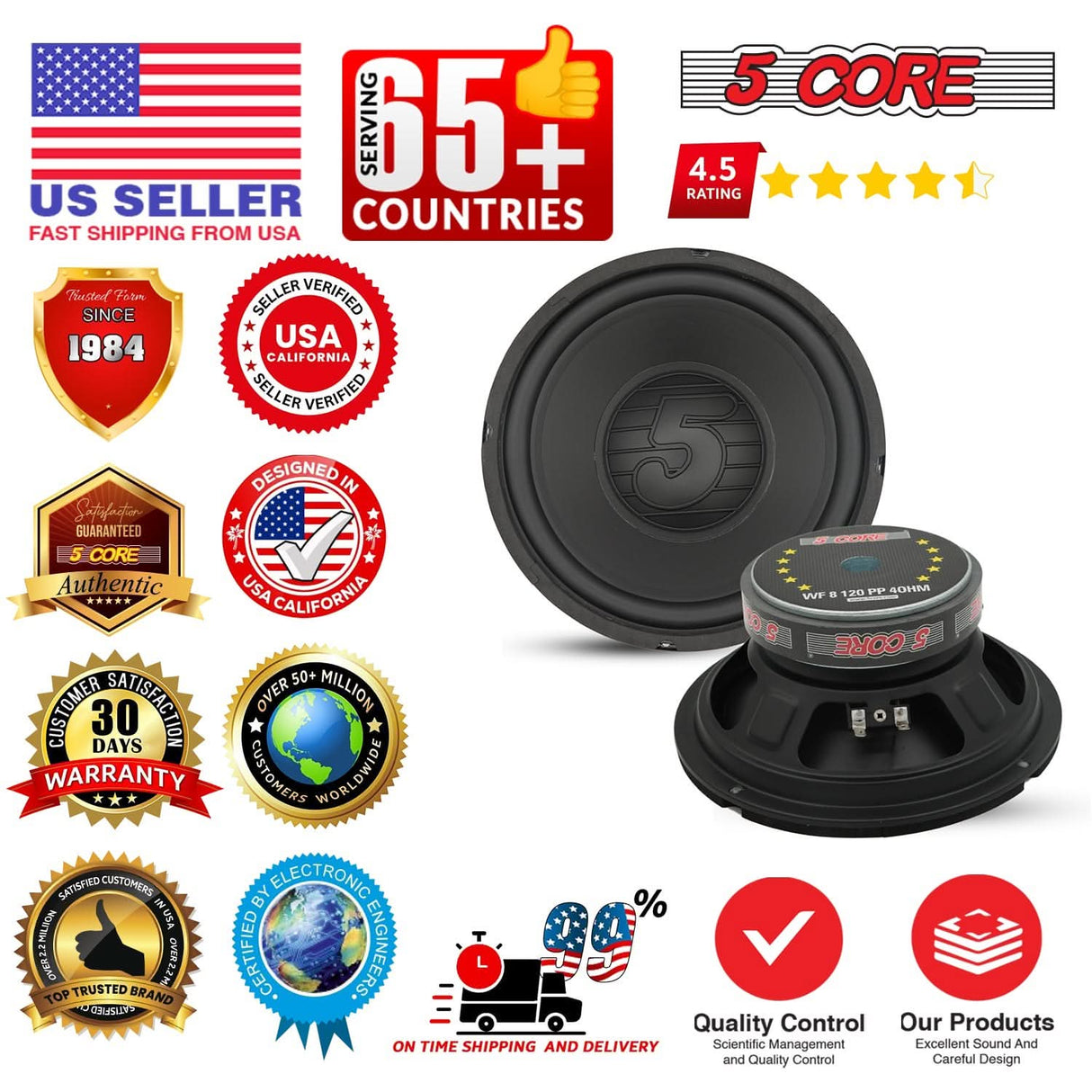 5 Core 8 Inch Subwoofer 200W Car Audio Woofer 4 Ohm Replacement Deep Bass Component Loud Speaker
