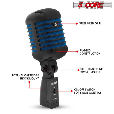 5Core Vintage Microphone Classic Dynamic Professional XLR Studio Retro Style Mic Blue