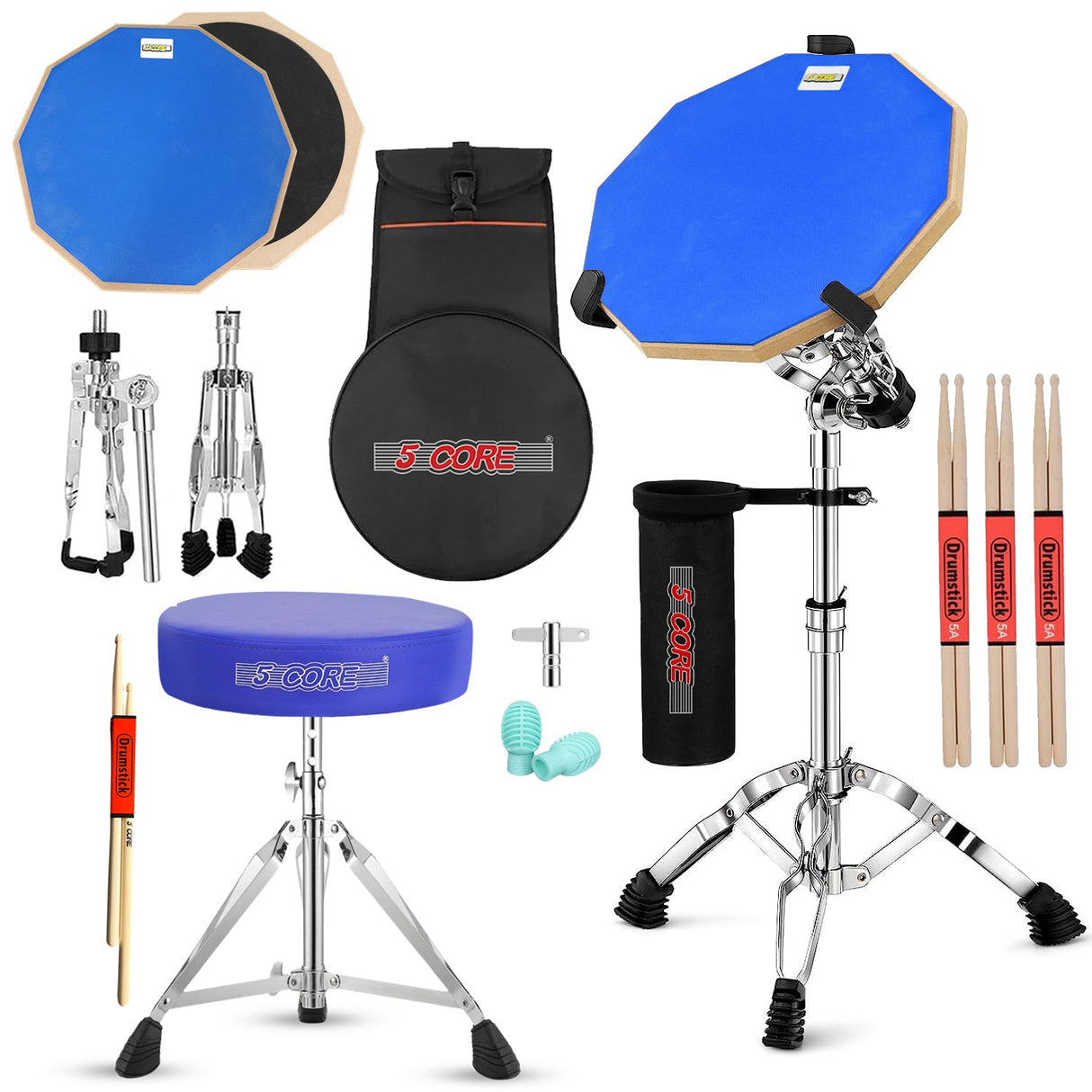 5Core Drum Throne Adjustable Guitar Stool Padded Seat + Drum Practice Pad Snare Drumming Stand
