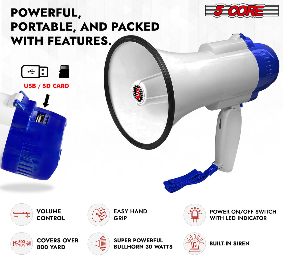 5Core Megaphone Bullhorn Speaker 30W Mini Bull Horn Battery Power Megafono 800 Feet