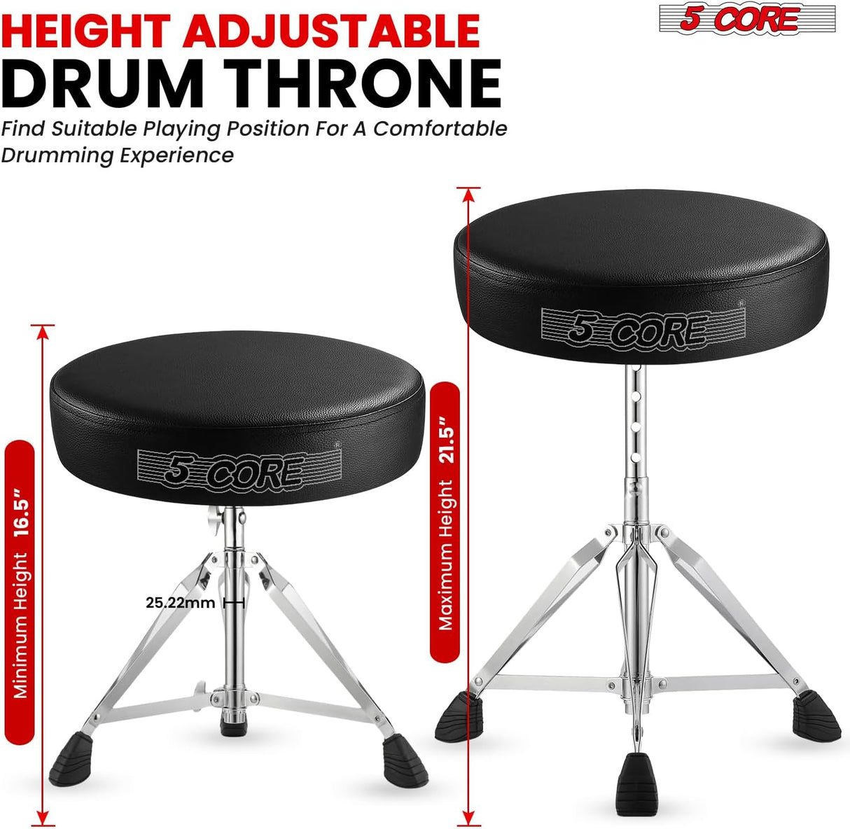 Height adjustable drum throne with cushioned seat for comfort and stability