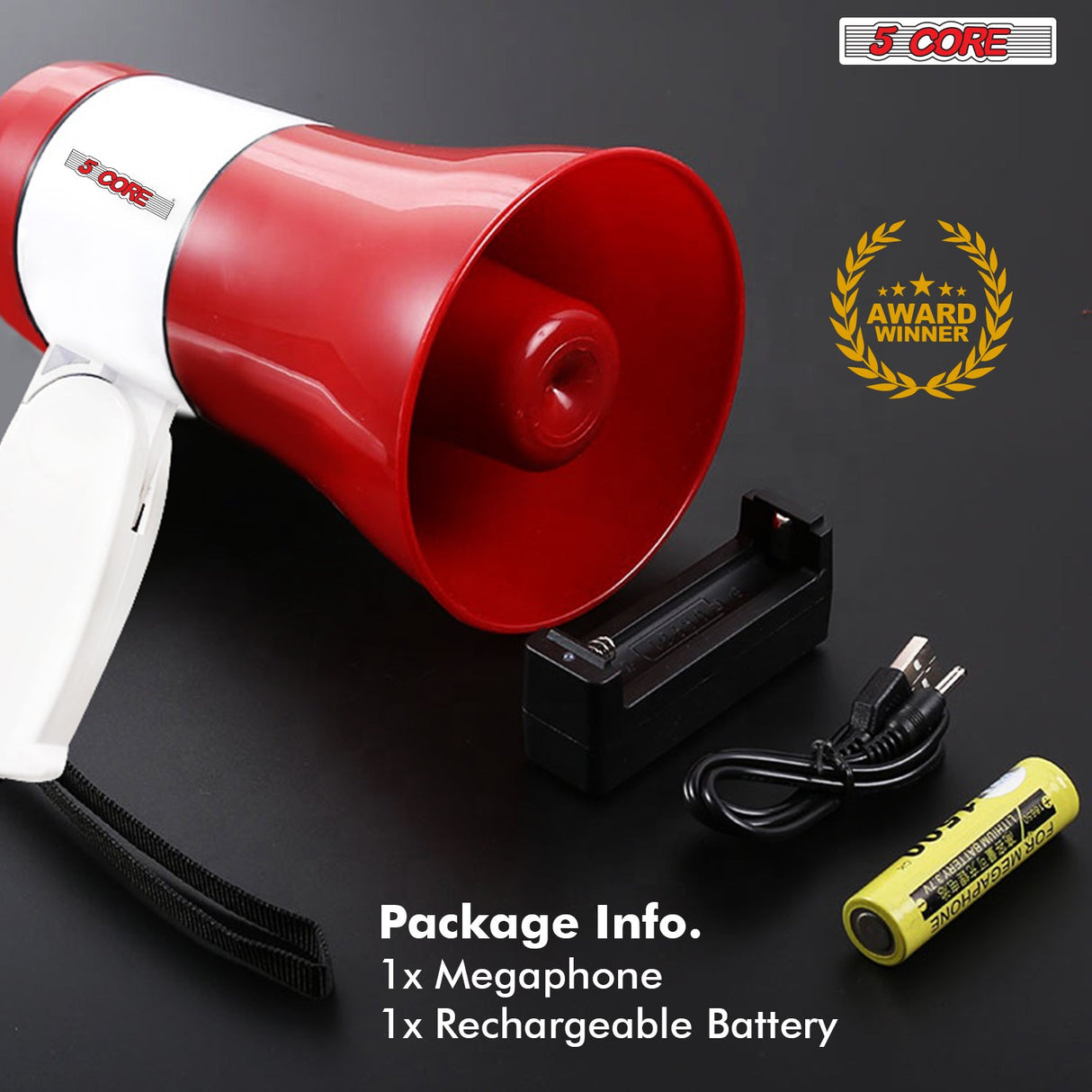 5 Core Megaphone 30W Bull Horn PA Speaker w 800 Yard Range Siren Loud Megafono for Sports & Coaches