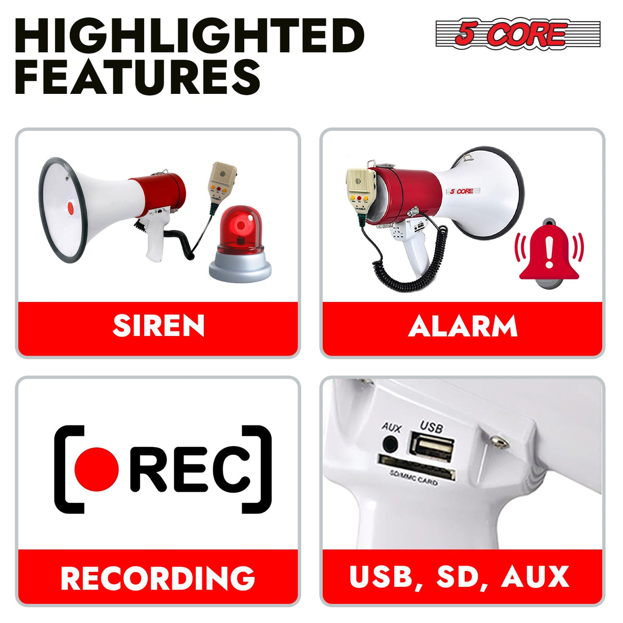 5Core Megaphone Bullhorn Speaker 50W Bull Horn Cheer Megafono 1200 Yards