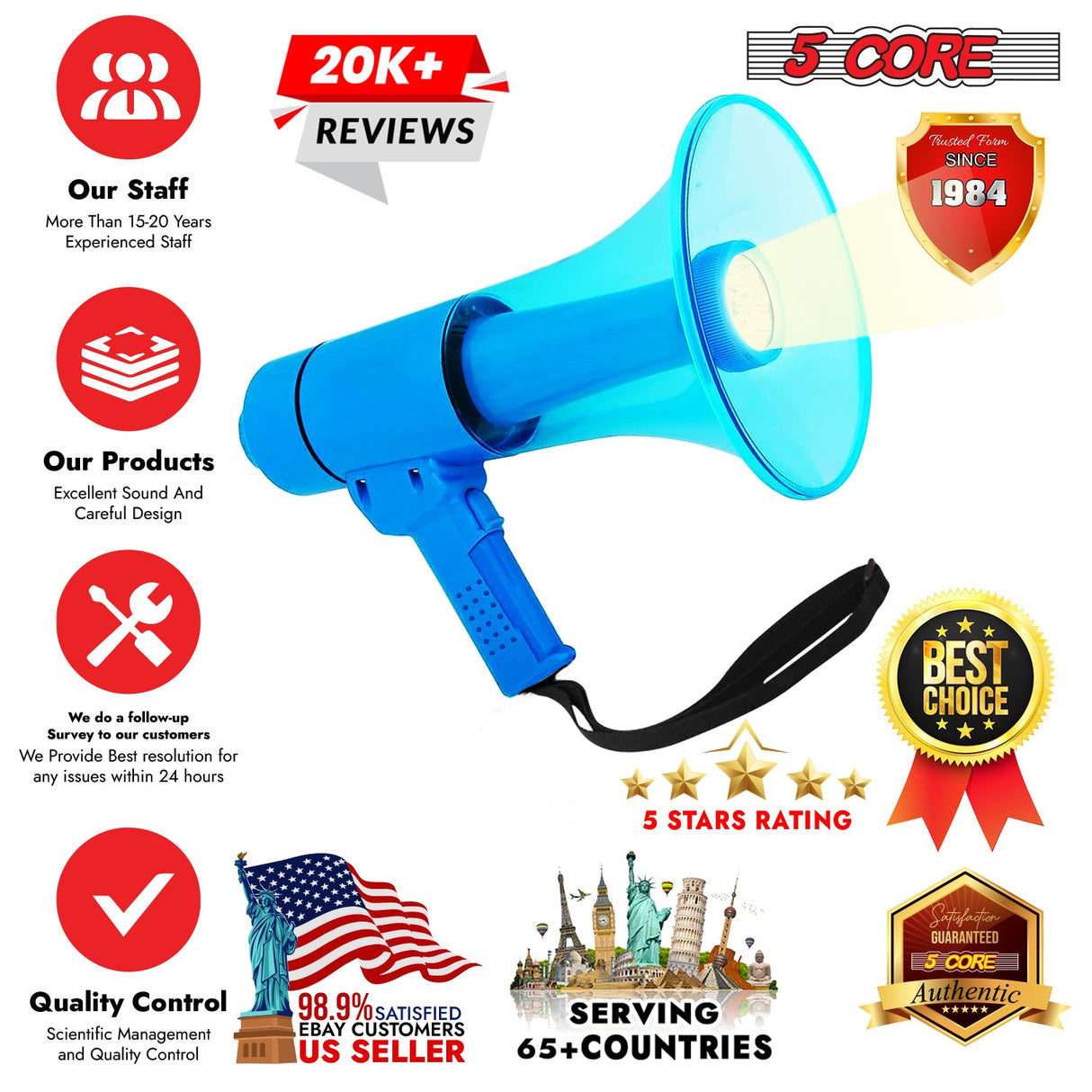 5Core Megaphone Bullhorn Speaker w Siren LED Light Adjustable Volume Bull Horn BLUE