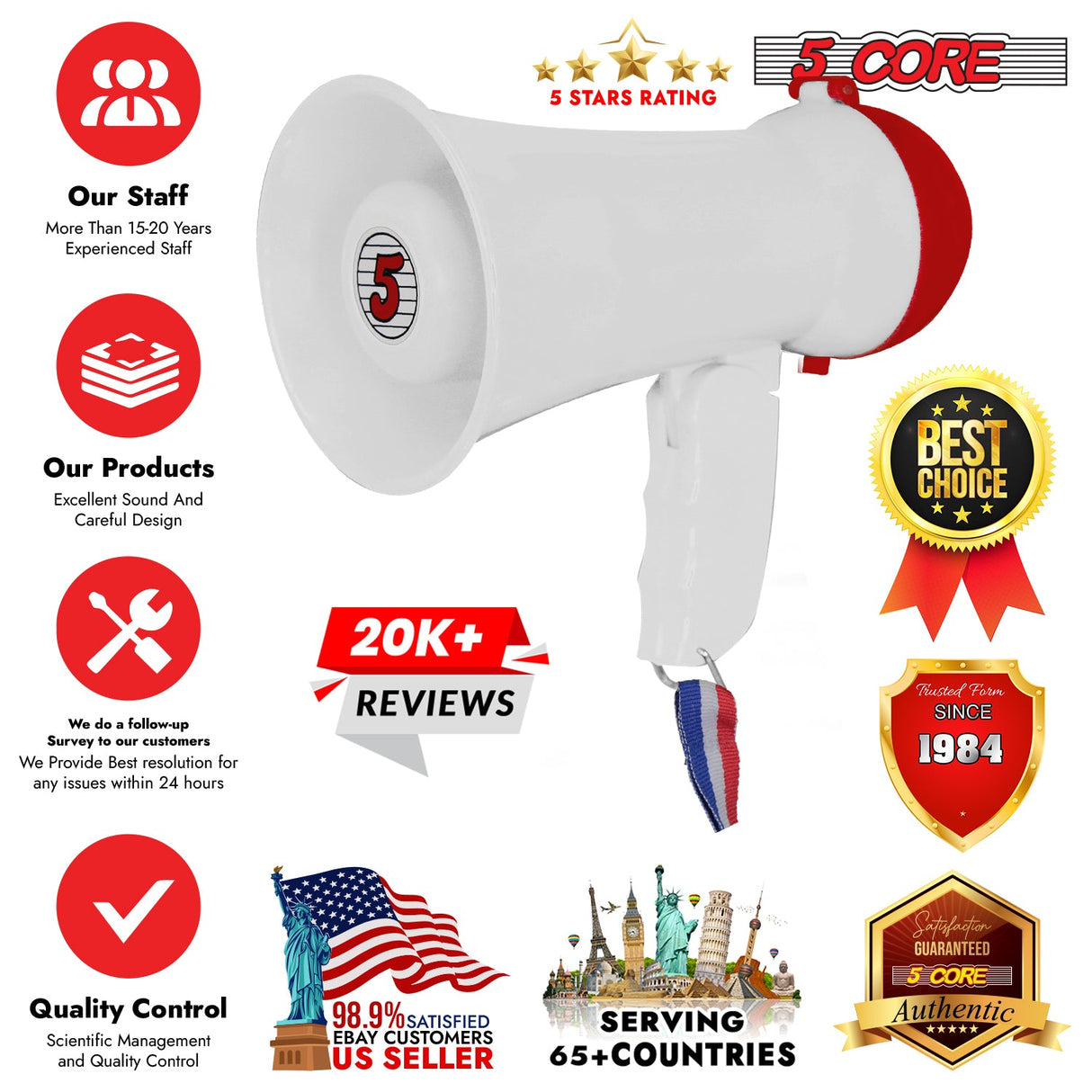 5Core Megaphone Bullhorn Speaker 15W Mini Battery Power Bull horn w Siren 400 Yard Range White