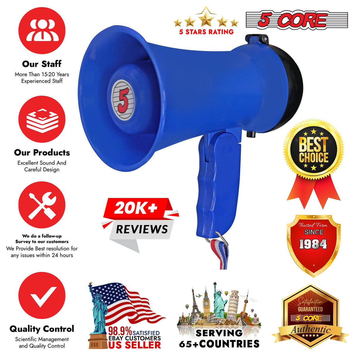5Core Megaphone Bullhorn Speaker 15W Mini Battery Power Bull horn w Siren 400 Yard Range Blue