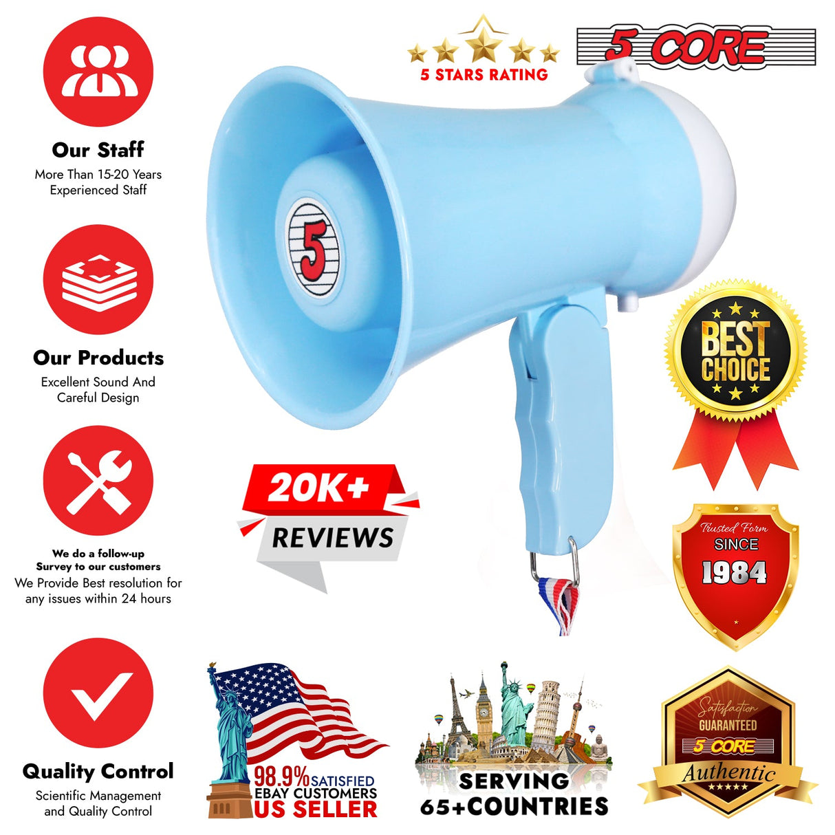 5 Core Megaphone Bullhorn Speaker 15W Mini Battery Power Bull horn w Siren 400 Yard Range SKY BLUE