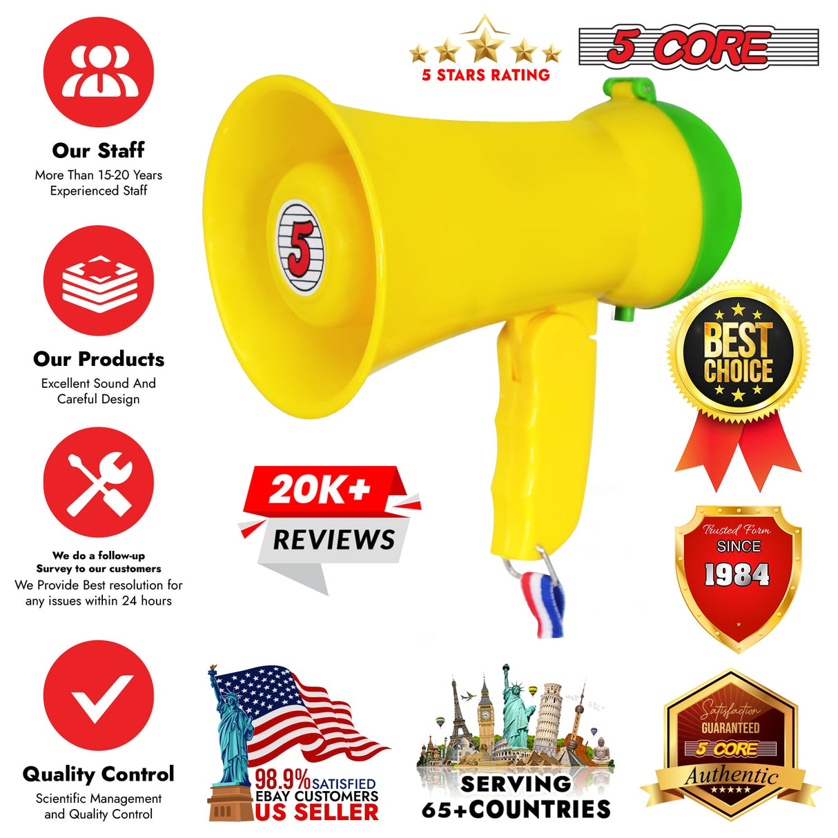 5Core Megaphone Bullhorn Speaker 15W Mini Battery Power Bull horn w Siren 400 Yard Range Yellow