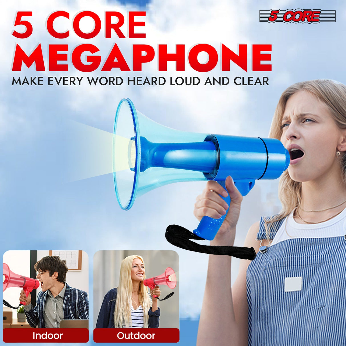 5Core Megaphone Bullhorn Speaker w Siren LED Light Adjustable Volume Bull Horn BLUE