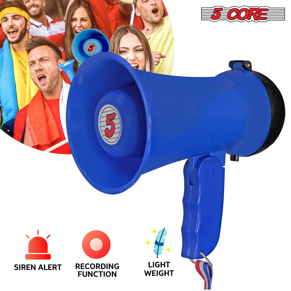 5Core Megaphone Bullhorn Speaker 15W Mini Battery Power Bull horn w Siren 400 Yard Range Blue