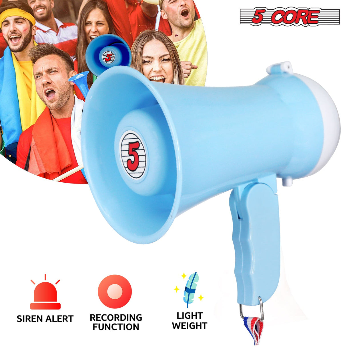 5 Core Megaphone Bullhorn Speaker 15W Mini Battery Power Bull horn w Siren 400 Yard Range SKY BLUE