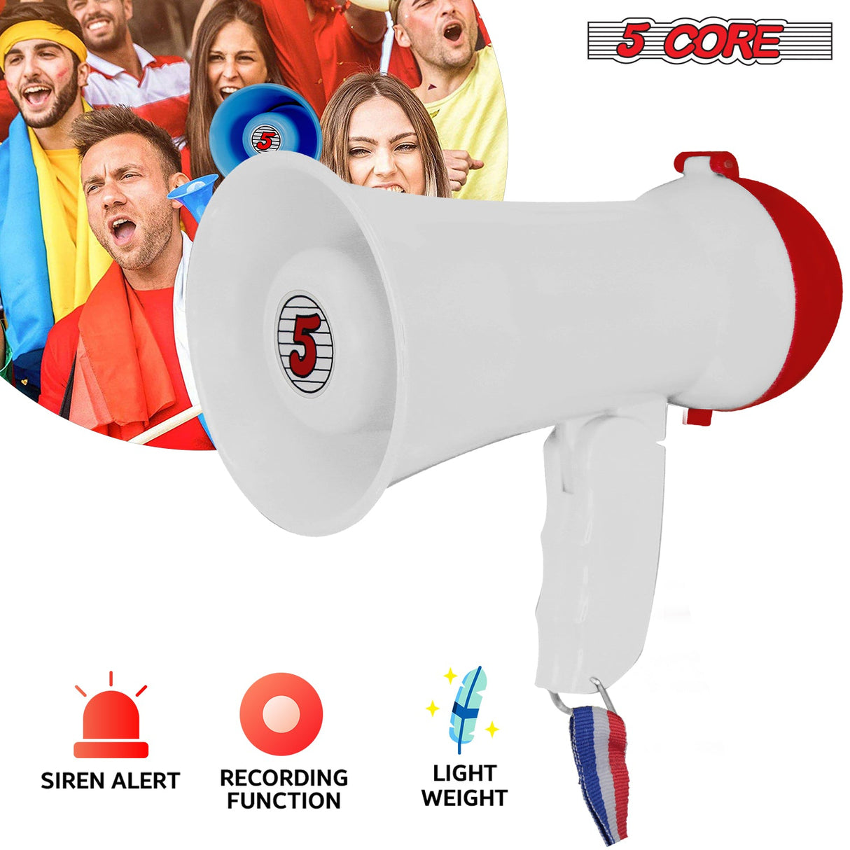 5Core Megaphone Bullhorn Speaker 15W Mini Battery Power Bull horn w Siren 400 Yard Range White