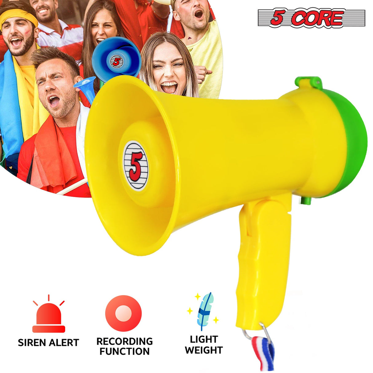 5Core Megaphone Bullhorn Speaker 15W Mini Battery Power Bull horn w Siren 400 Yard Range Yellow