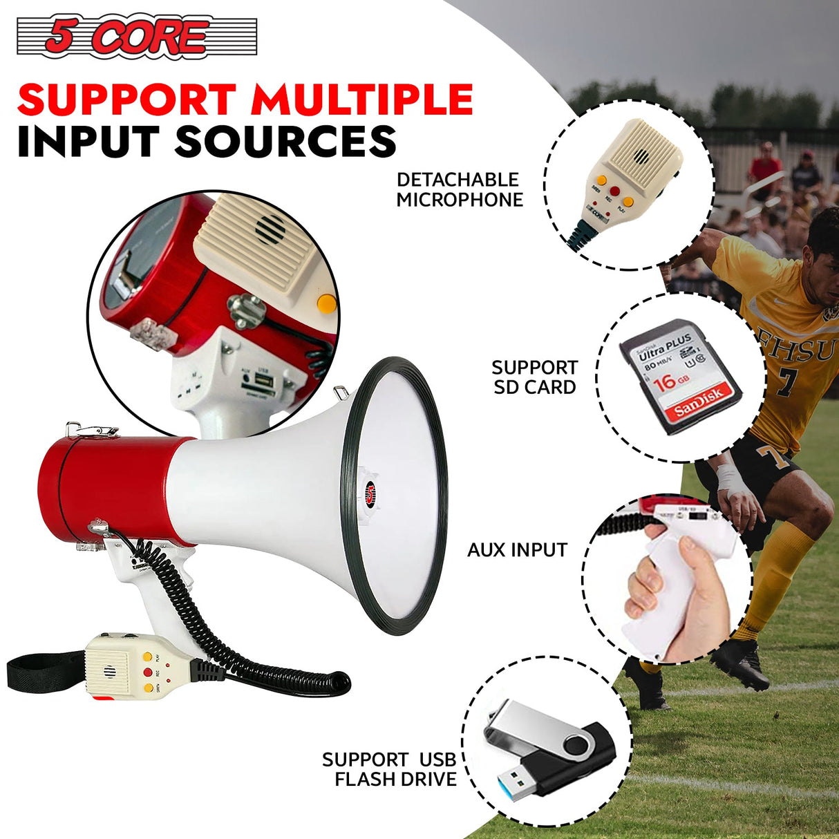 5Core Megaphone Bullhorn Speaker 50W Bull Horn Cheer Megafono 1200 Yards