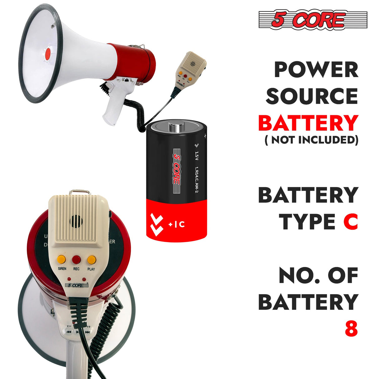 5Core Megaphone Bullhorn Speaker 50W Bull Horn Cheer Megafono 1200 Yards