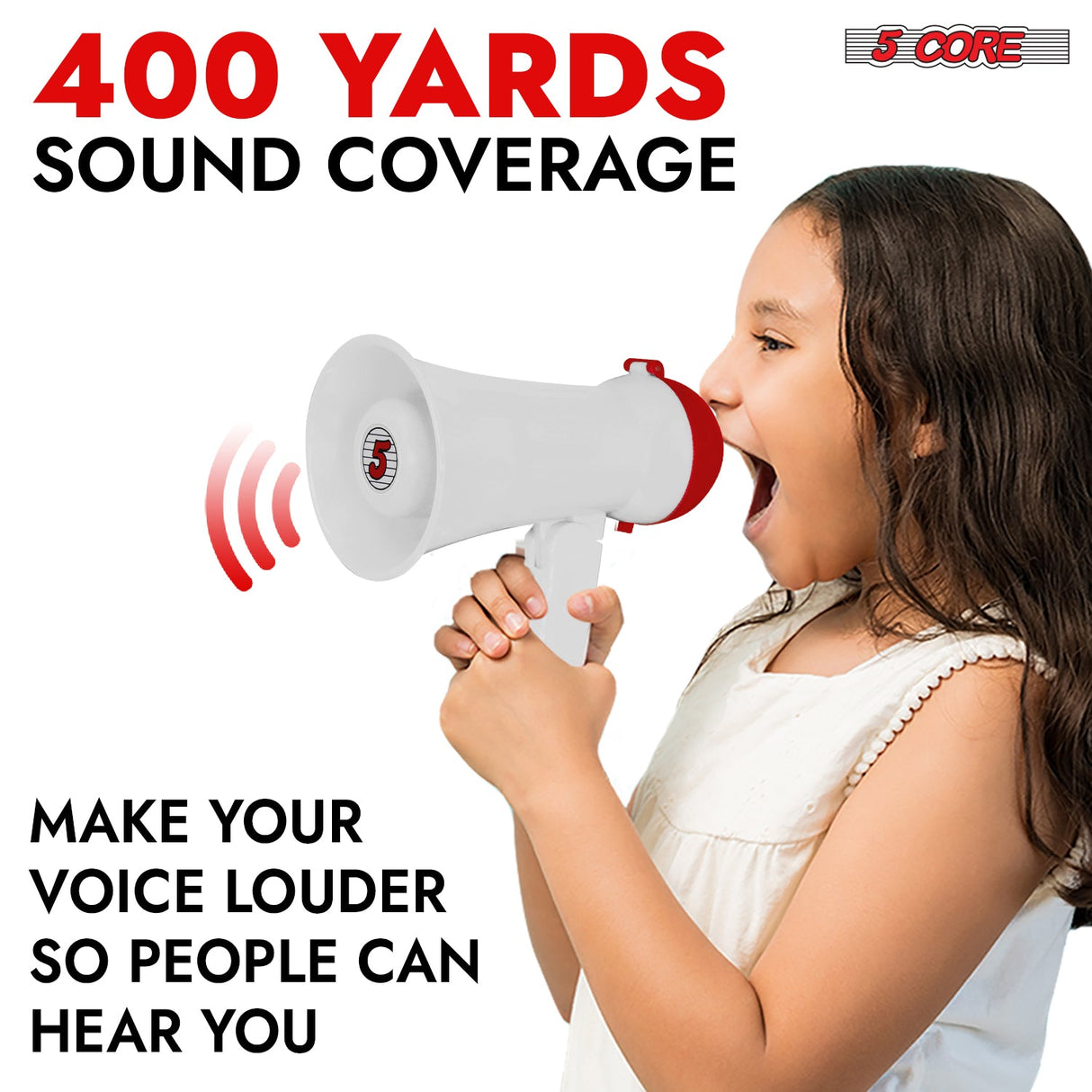 5Core Megaphone Bullhorn Speaker 15W Mini Battery Power Bull horn w Siren 400 Yard Range White