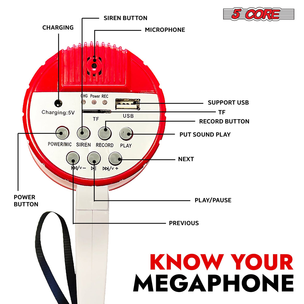 5 Core Megaphone 30W Bull Horn PA Speaker w 800 Yard Range Siren Loud Megafono for Sports & Coaches
