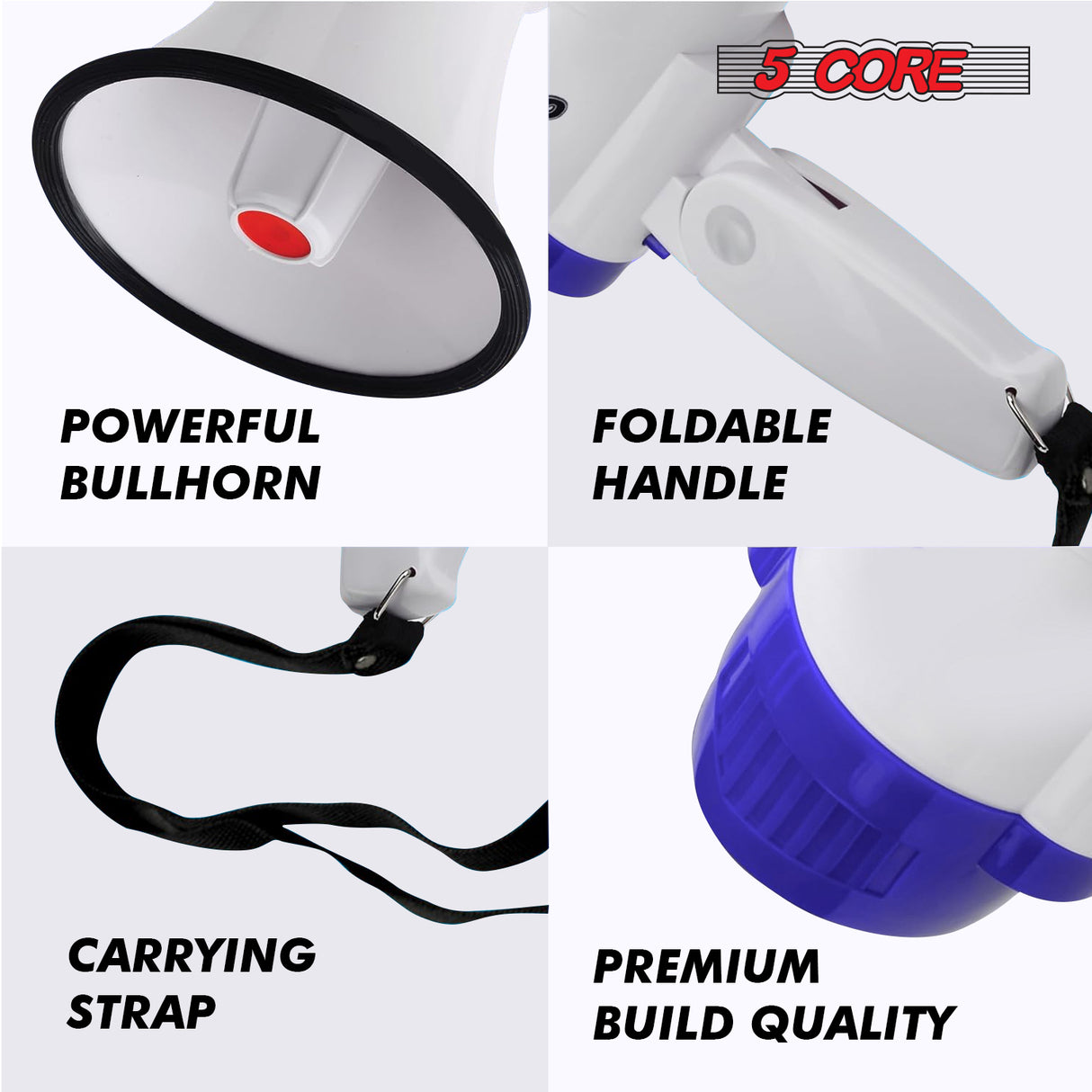 5 Core Megaphone 30W Bull Horn PA Speaker w 800 Yards Range USB Loud Siren Voice Amplifier Portable
