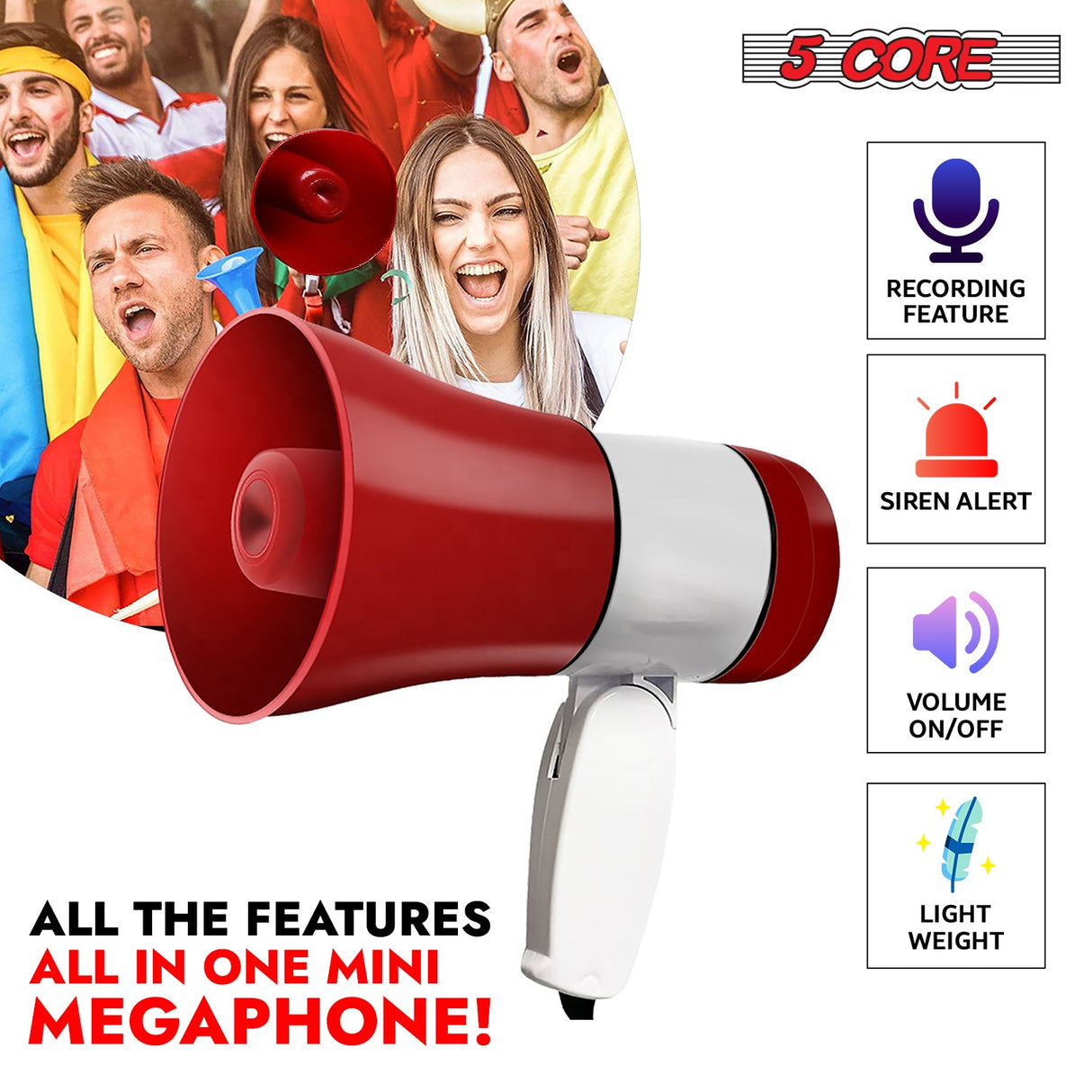 5 Core Megaphone 30W Bull Horn PA Speaker w 800 Yard Range Siren Loud Megafono for Sports & Coaches