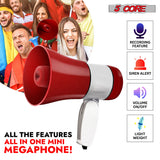 5 Core Megaphone 30W Bull Horn PA Speaker w 800 Yard Range Siren Loud Megafono for Sports & Coaches
