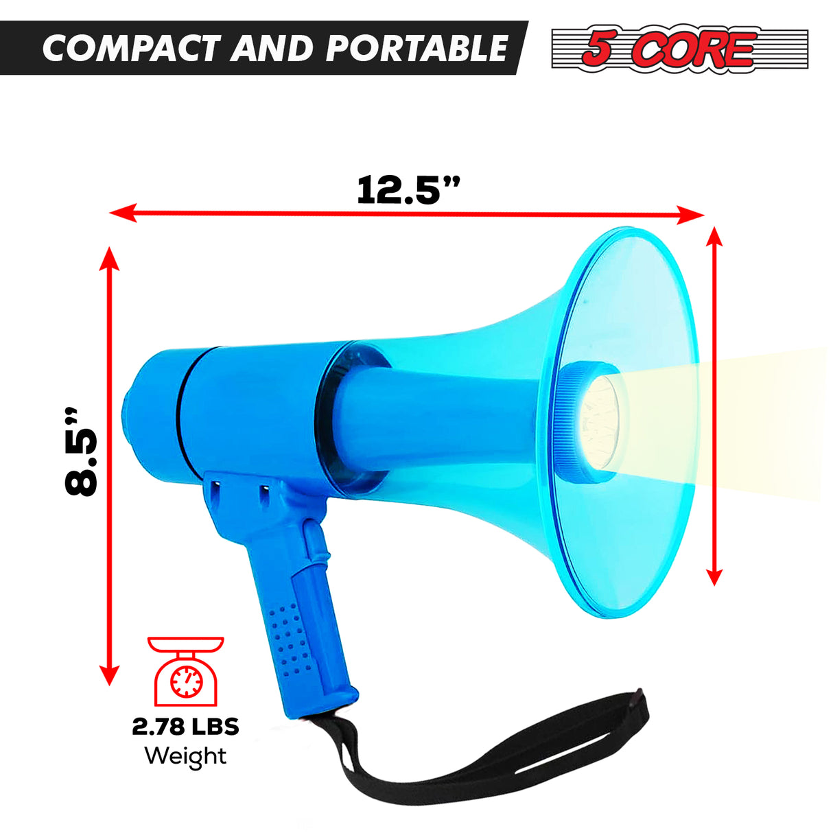 5 Core Megaphone 50W Waterproof Bull Horn PA Speaker 800 Yard Range Flashlight